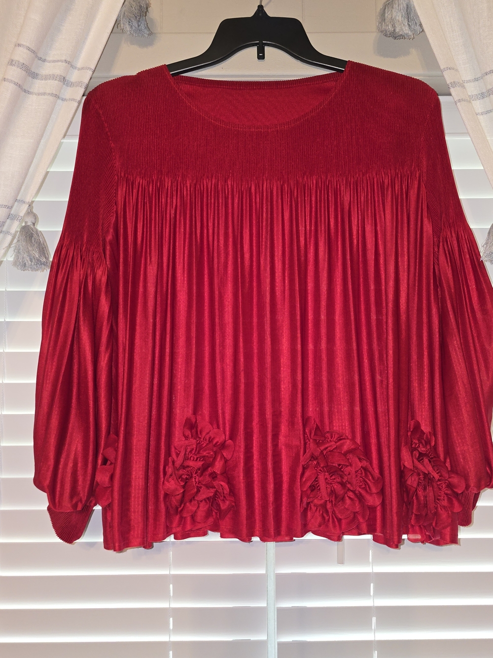 Women’s Red Pleated Long-Sleeve Top with Ruffle Accents